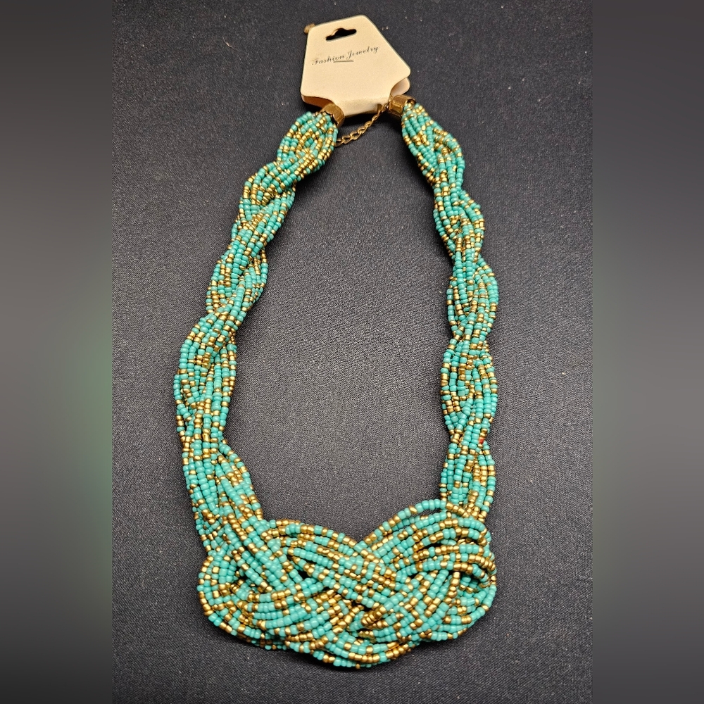 Turquoise & Gold Beaded Necklace Weaved Design New
